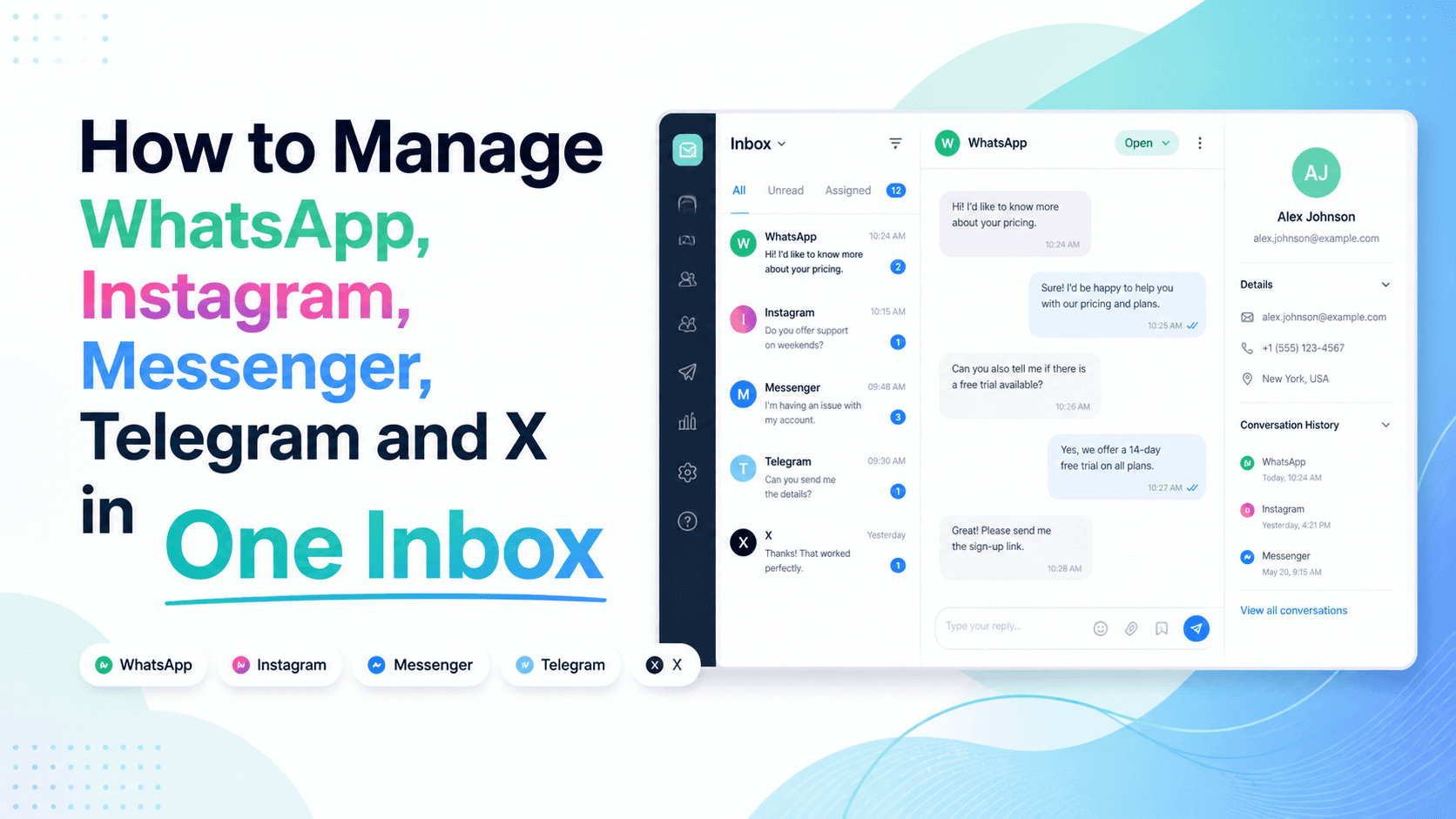 Unified inbox dashboard for WhatsApp, Instagram, Messenger, Telegram, and X conversations