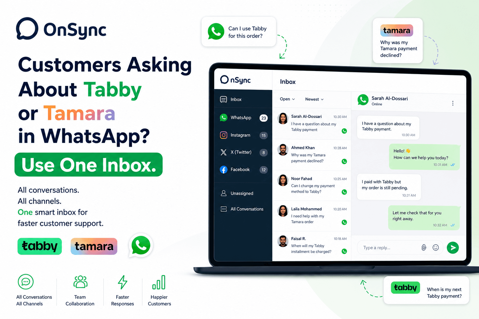 Ecommerce team managing Tabby and Tamara questions from one multi-channel inbox